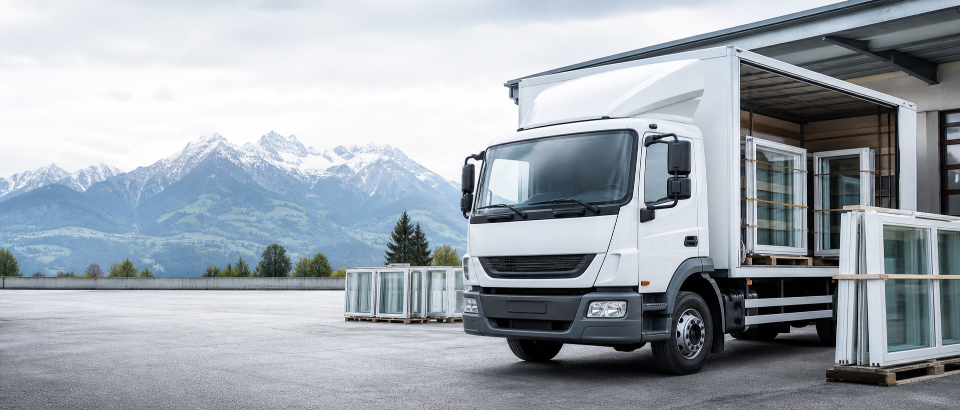 Weisser LKW fuer Fenstertransporte